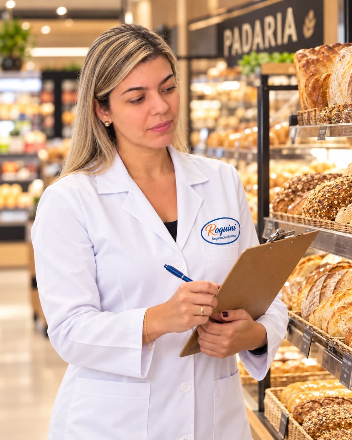 Carla Roquini preenche a prancheta na padaria de um supermercado